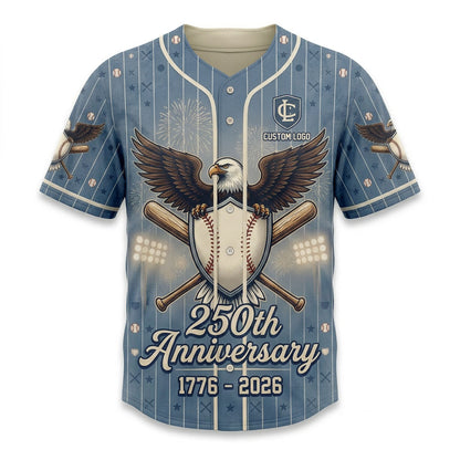 Front view of a light blue pinstripe USA 250th Anniversary baseball jersey featuring a soaring bald eagle holding a baseball shield.