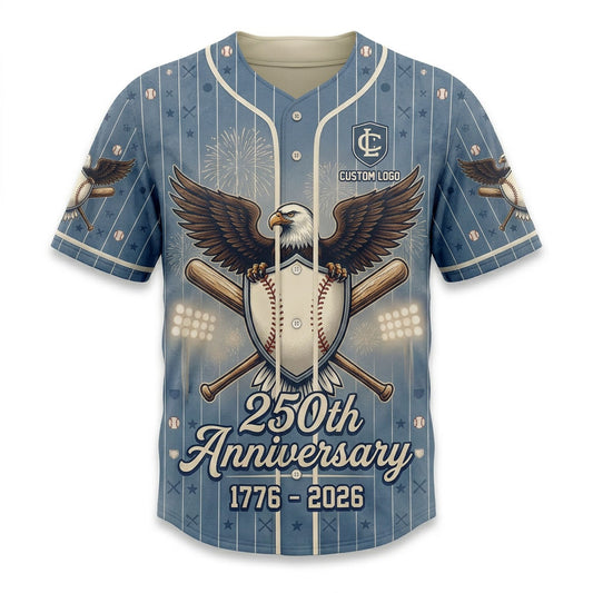 Front view of a light blue pinstripe USA 250th Anniversary baseball jersey featuring a soaring bald eagle holding a baseball shield.