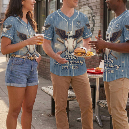 A group of friends wearing matching light blue USA 250th Anniversary baseball jerseys while enjoying snacks at a backyard gathering.