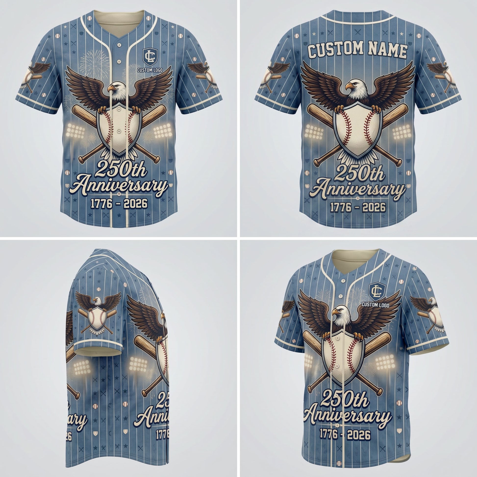 Multi-angle product display grid showcasing the front, back, side sleeve view, and perspective angle of the 250th independence jersey.