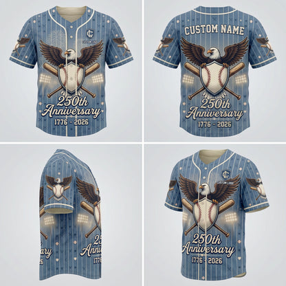 Multi-angle product display grid showcasing the front, back, side sleeve view, and perspective angle of the 250th independence jersey.