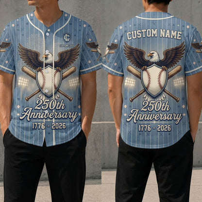 Front and back view of a customizable USA 250th Anniversary baseball jersey with a patriotic eagle emblem and 1776-2026 print.