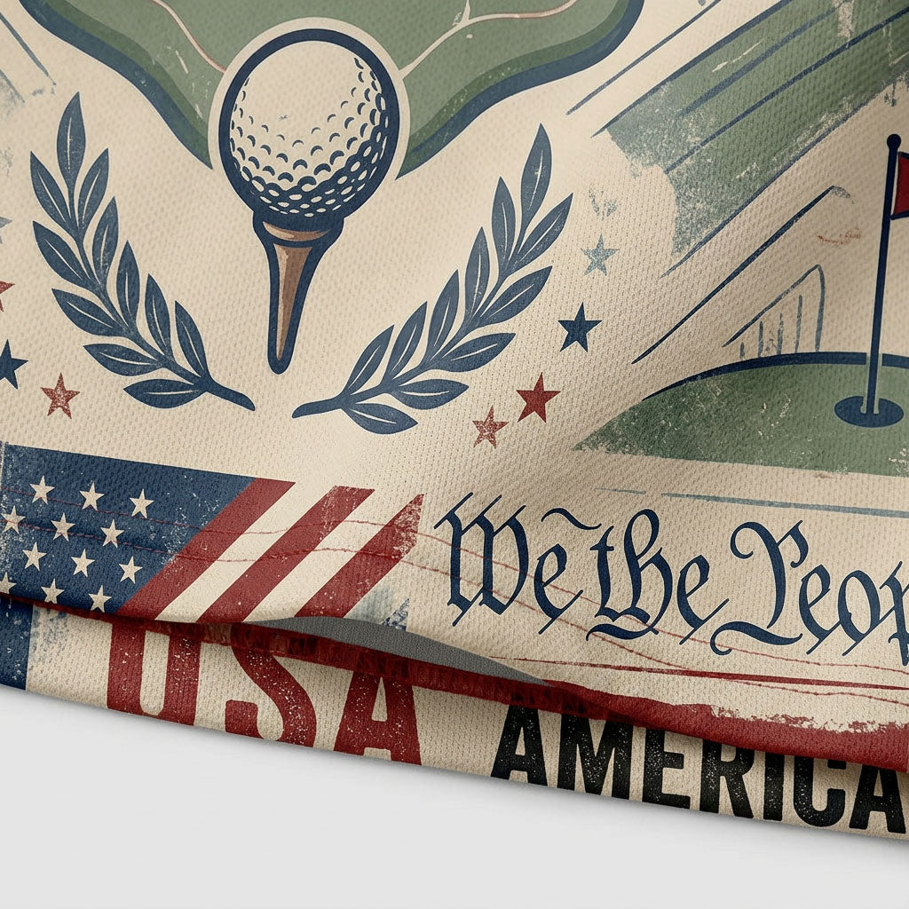 Close up detail of the golf polo displaying the printed golf ball on a tee, olive wreath, and We the People script.