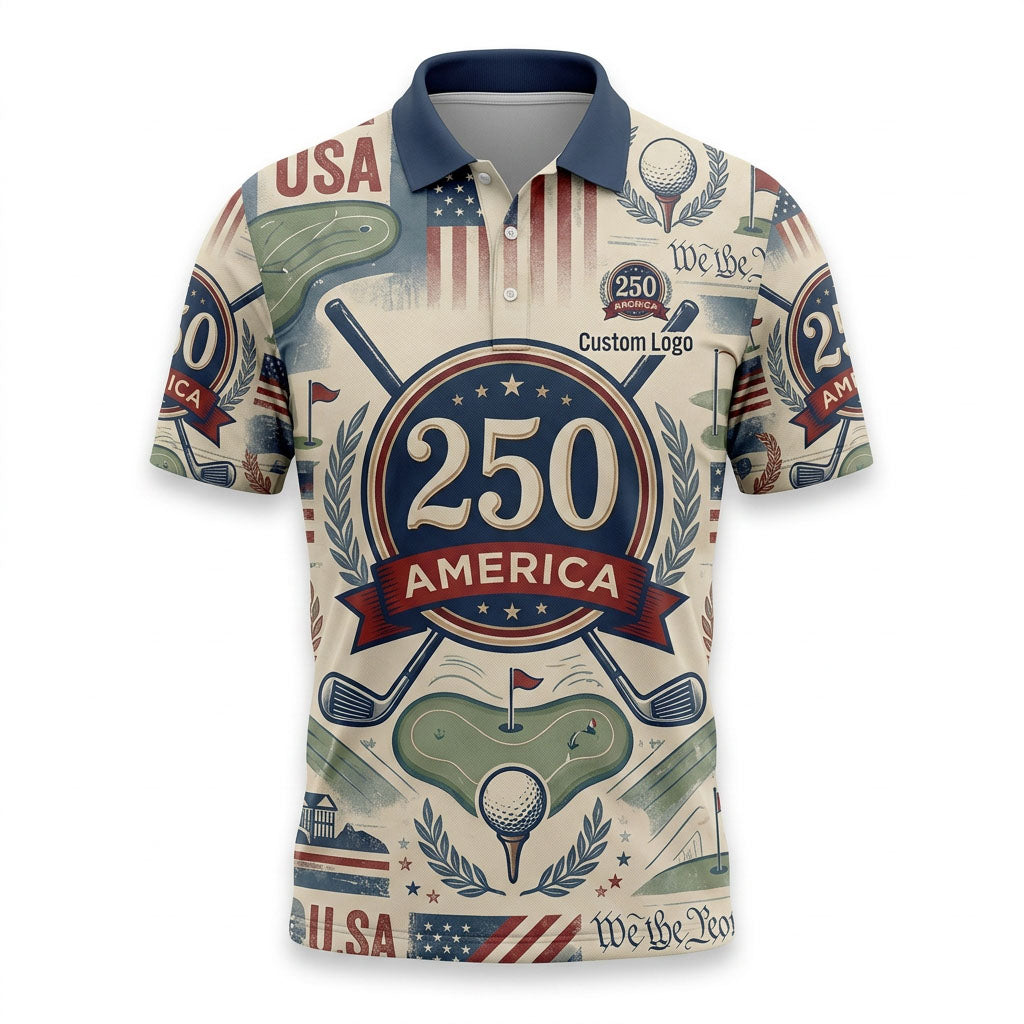 Flat lay presentation of the custom cream-colored USA 250 anniversary round emblem activewear polo shirt.
