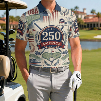 A male athlete wearing the personalized cream America 250 circular crest golf polo shirt standing by a golf cart.