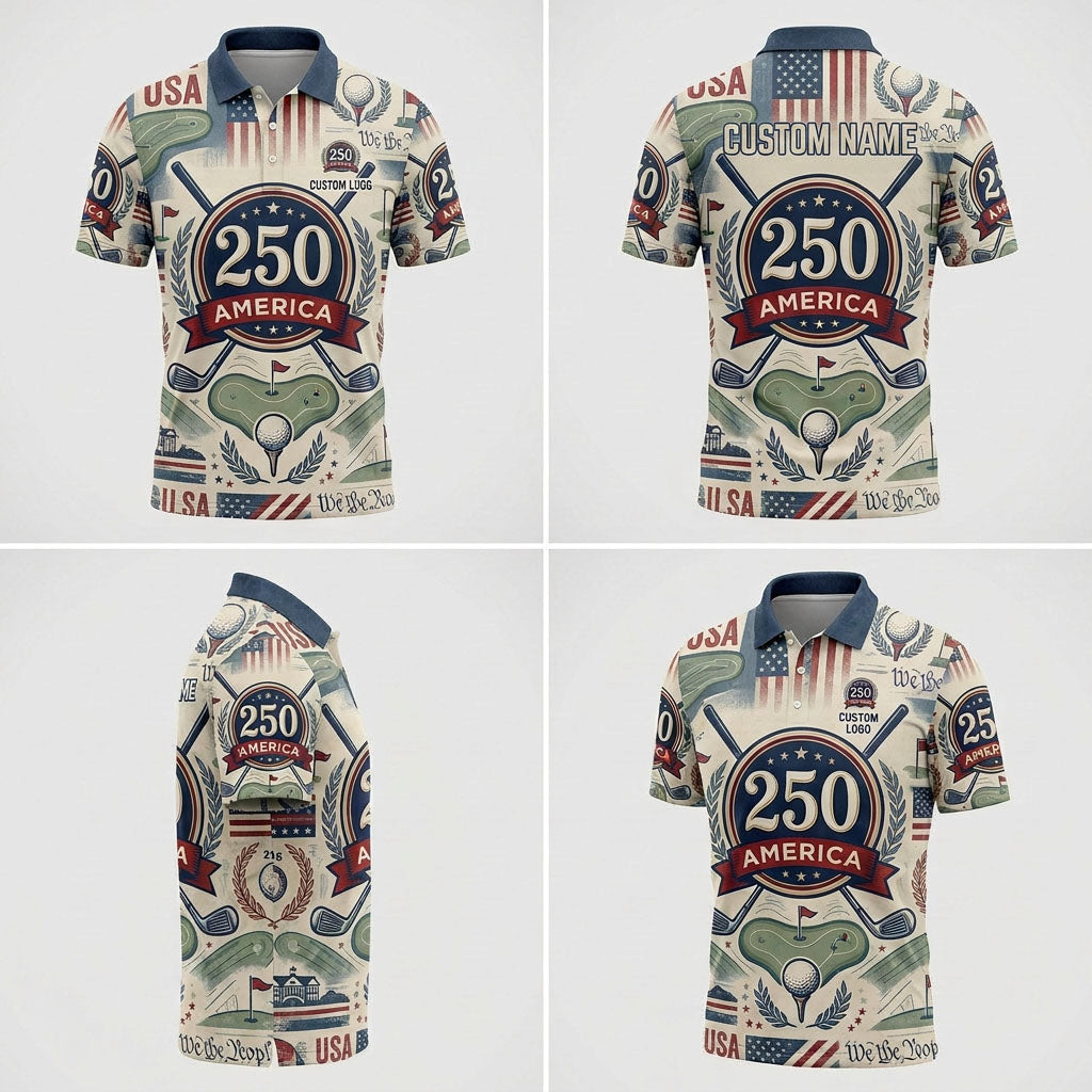 Product showcase grid displaying four distinct angles of the custom patriotic America 250 emblem golf polo.