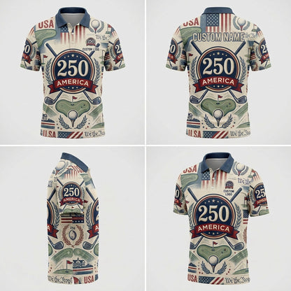 Product showcase grid displaying four distinct angles of the custom patriotic America 250 emblem golf polo.