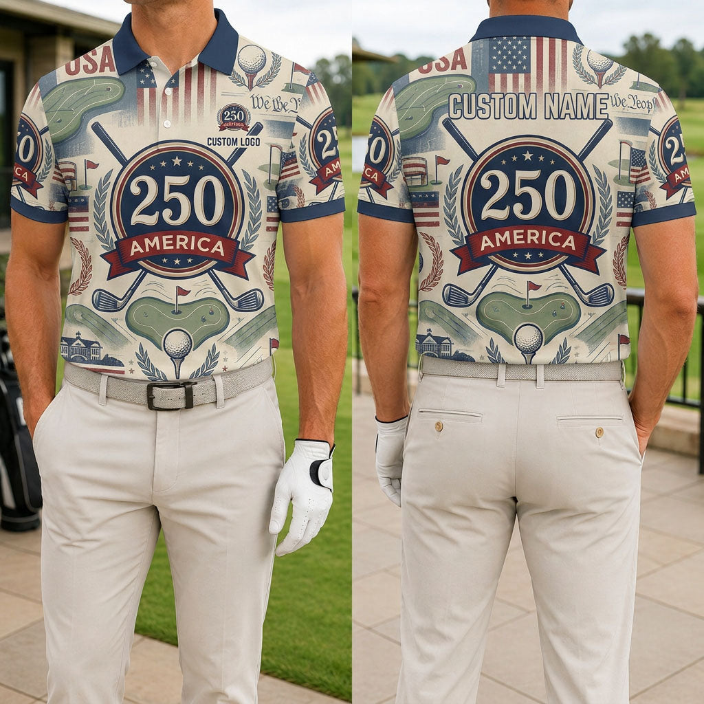 Front and back view of a man wearing the vintage cream USA 250th anniversary America emblem golf polo with custom name.
