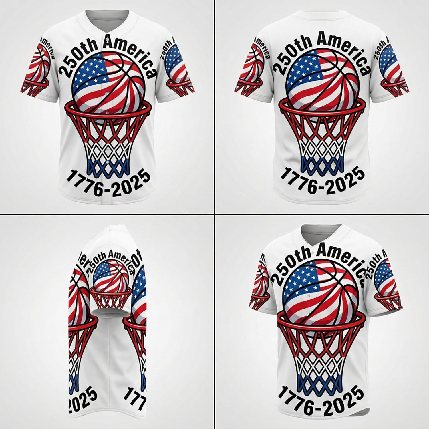 Collage Showing Front, Back, And Side Design Perspectives Of The Custom Basketball Baseball Jersey
