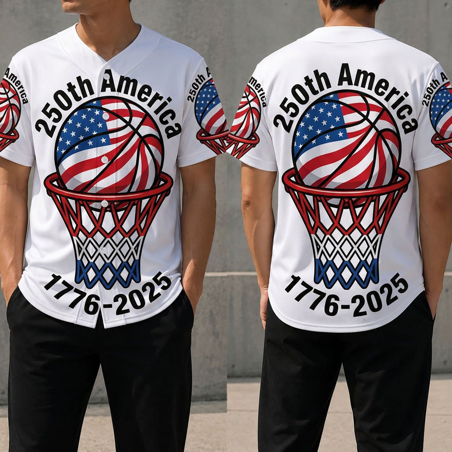 Front And Back View Of The USA 250th Anniversary Baseball Jersey Featuring Basketball And Flag Graphic