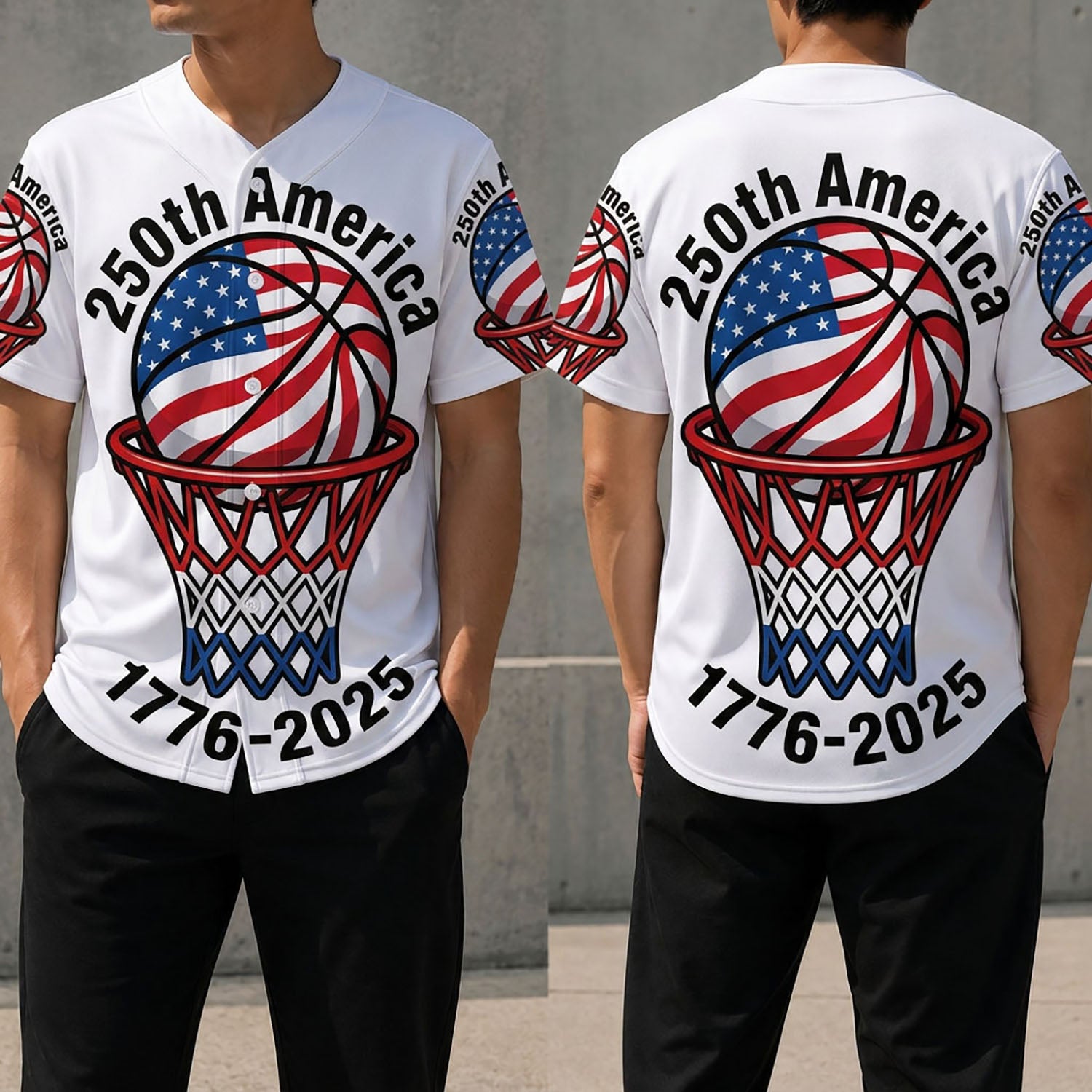 Front And Back View Of The USA 250th Anniversary Baseball Jersey Featuring Basketball And Flag Graphic