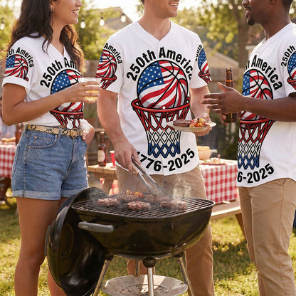 People Wearing USA 250th Anniversary Baseball Jerseys At A Festive Outdoor Summer Barbecue
