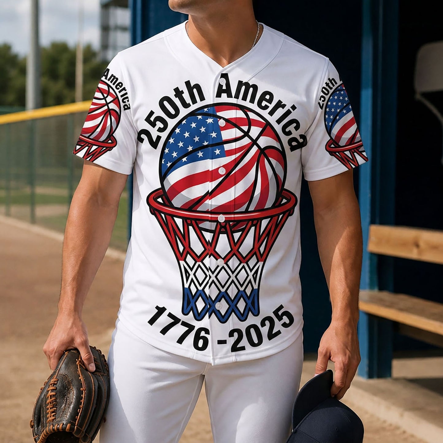 Model Holding A Baseball Glove Wearing The 250th Anniversary America Jersey On A Baseball Field