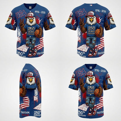 Collage Showing Front, Back, And Side Design Perspectives Of The Custom Blue Eagle Baseball Jersey