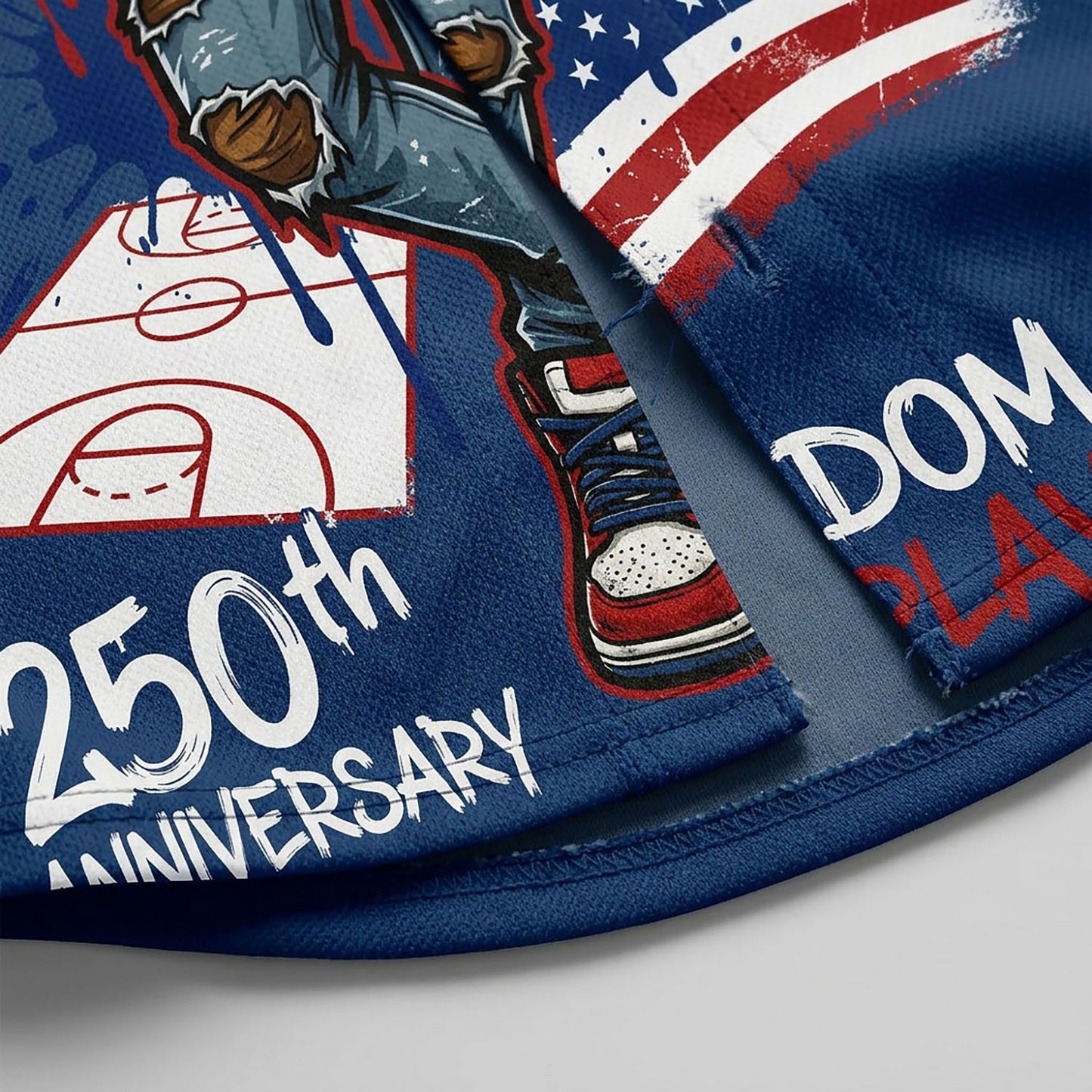 Close-Up Detail Of High-Quality Stitching On The 250th Anniversary Blue Basketball-Inspired Baseball Jersey