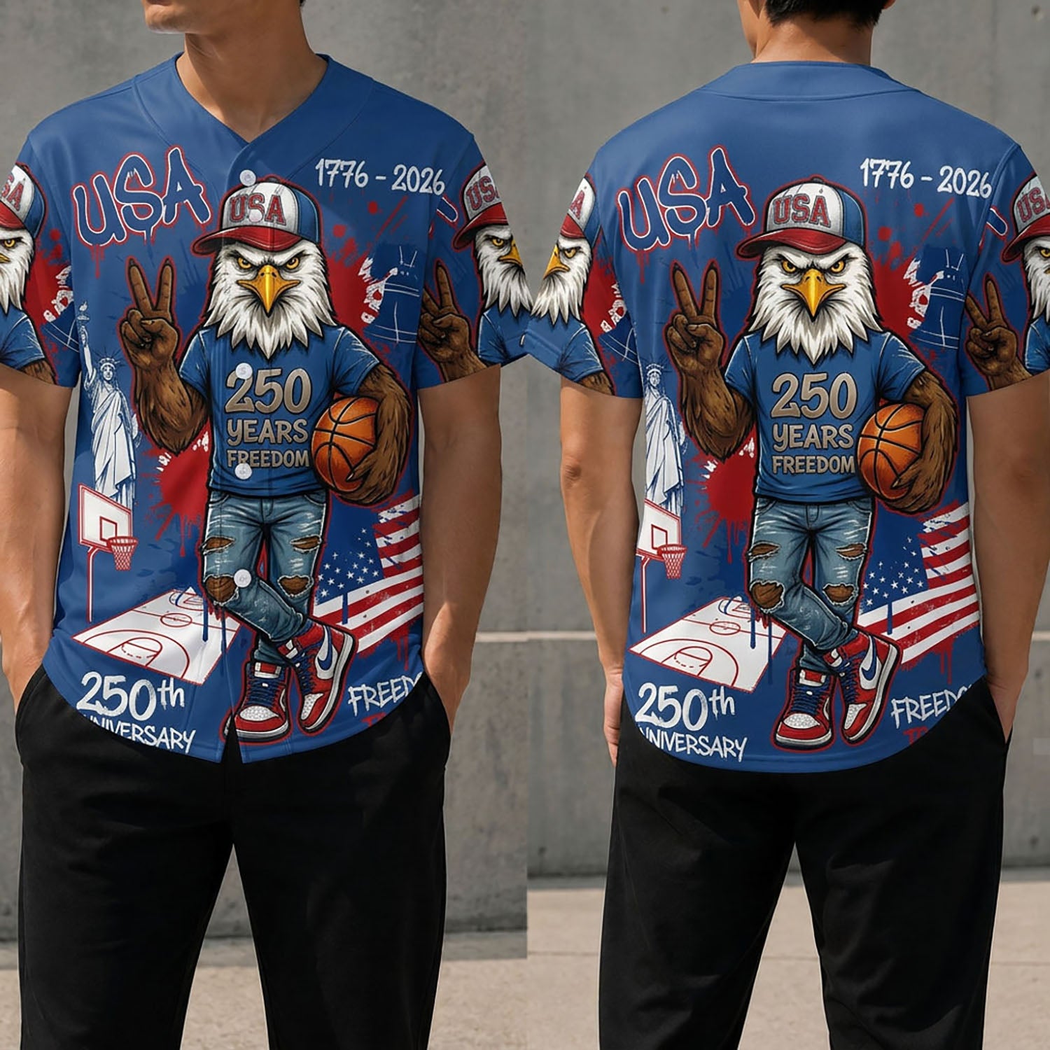 Front And Back View Of The USA 250th Anniversary Blue Edition Eagle Baseball Jersey With Basketball Graphic