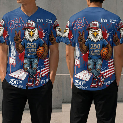 Front And Back View Of The USA 250th Anniversary Blue Edition Eagle Baseball Jersey With Basketball Graphic