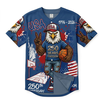 Isolated Front View Of The Patriotic 1776-2026 American 250th Anniversary Blue Eagle Baseball Shirt