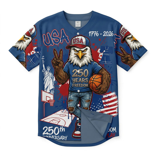 Isolated Front View Of The Patriotic 1776-2026 American 250th Anniversary Blue Eagle Baseball Shirt