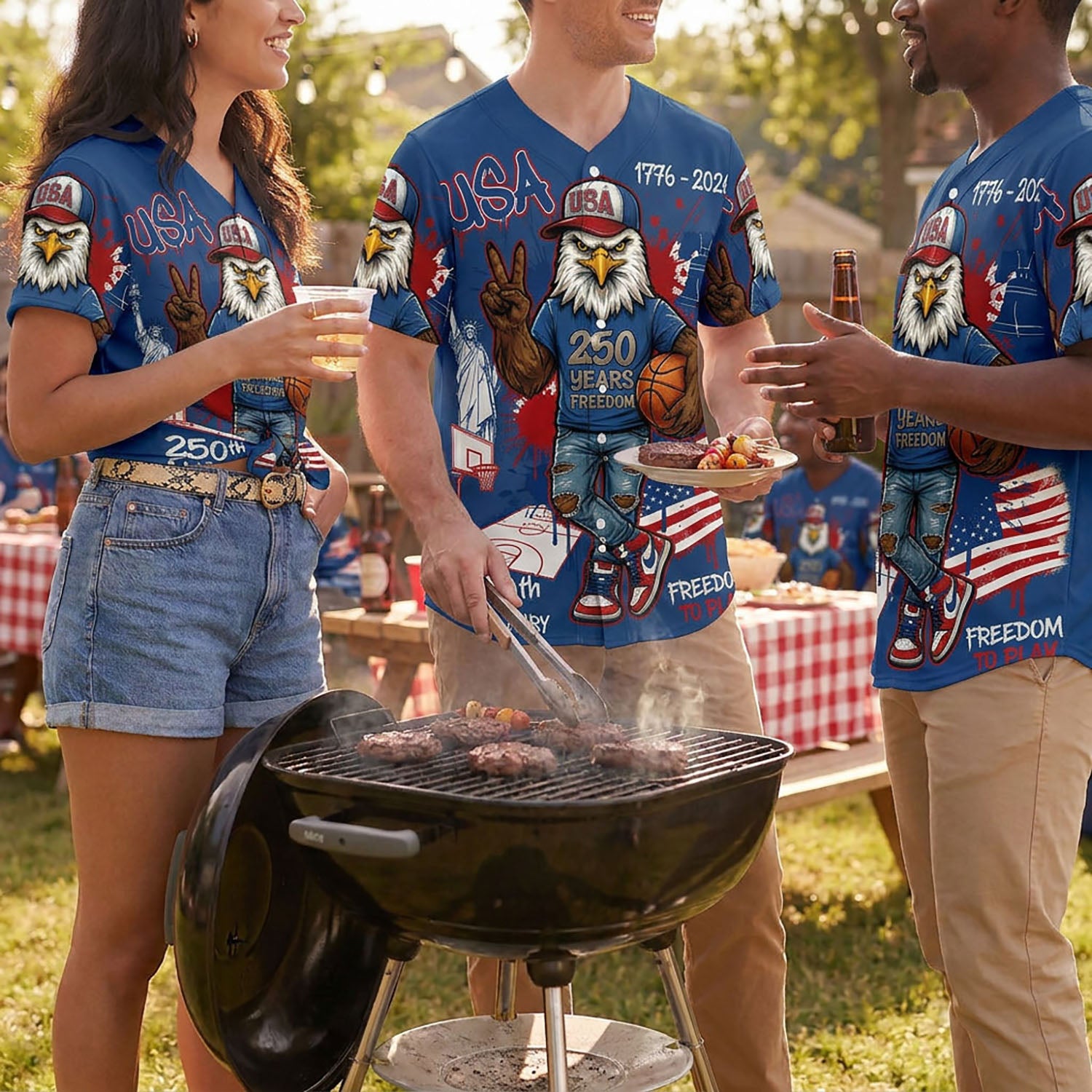 People Wearing USA 250th Anniversary Blue Eagle Baseball Jerseys At A Festive Outdoor Summer Barbecue
