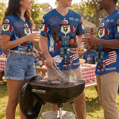 People Wearing USA 250th Anniversary Blue Eagle Baseball Jerseys At A Festive Outdoor Summer Barbecue