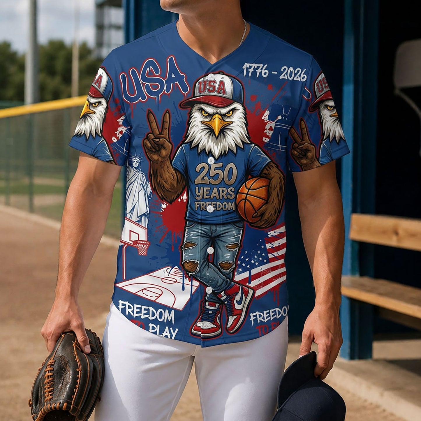 Model Holding A Baseball Glove Wearing The 250th Anniversary Blue Eagle America Jersey On A Baseball Field