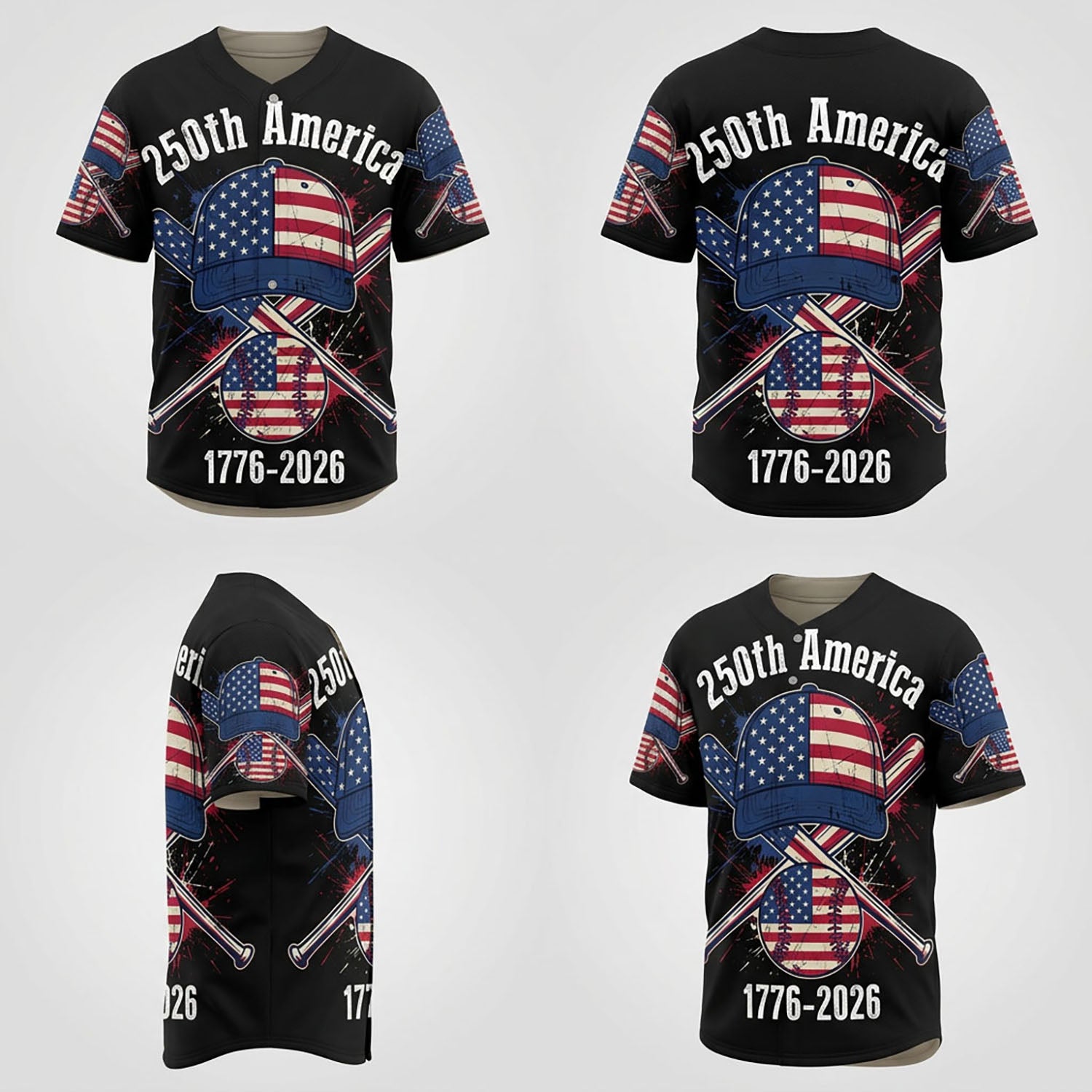Collage Showing Front, Back, And Side Design Perspectives Of The Custom Cap Baseball Jersey