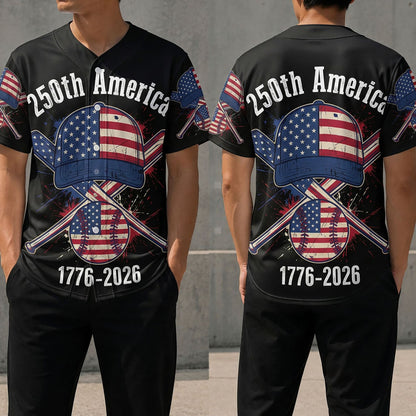 Front And Back View Of The USA 250th Anniversary Baseball Cap Jersey With American Flag Pattern