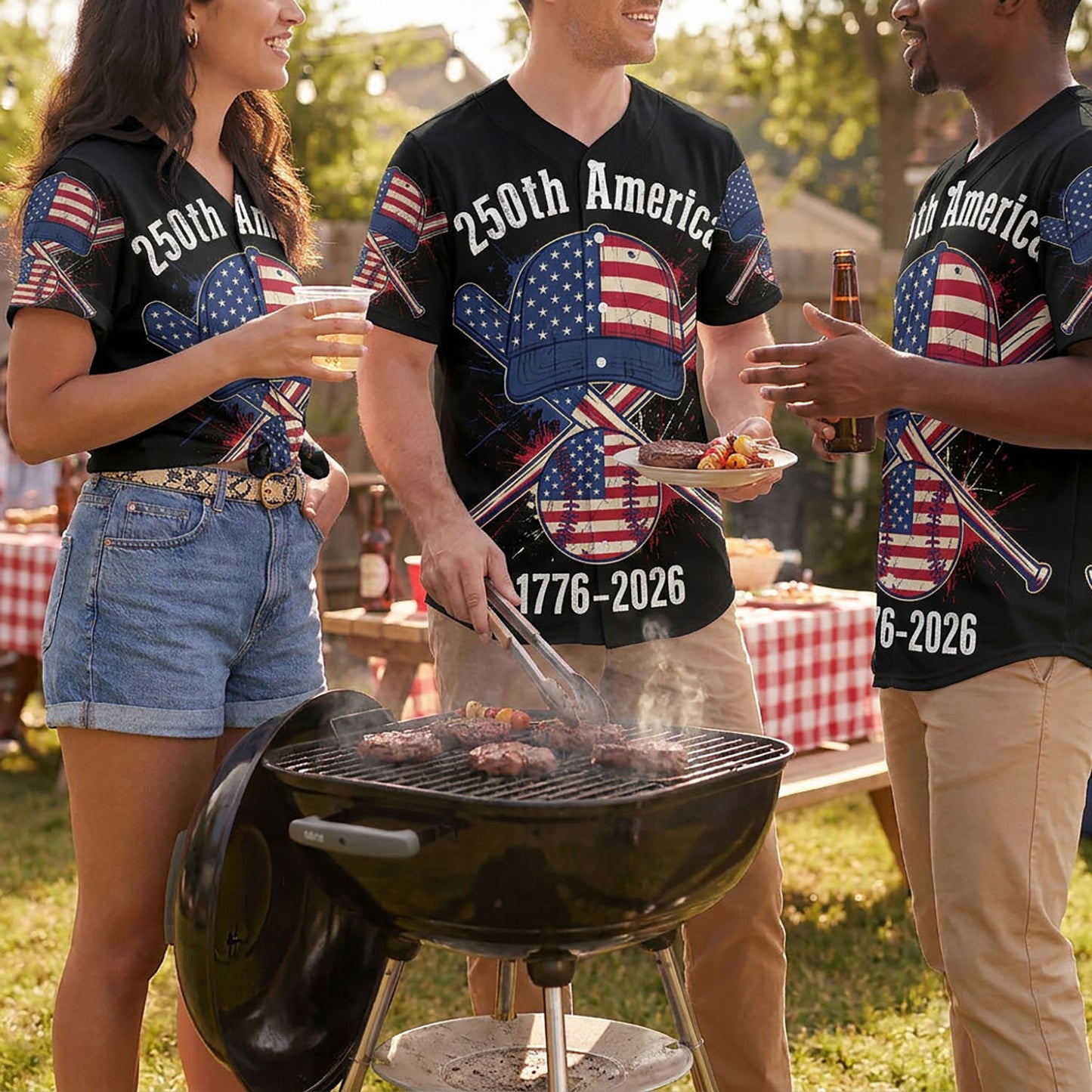 People Wearing USA 250th Anniversary Cap Baseball Jerseys At A Festive Outdoor Summer Barbecue