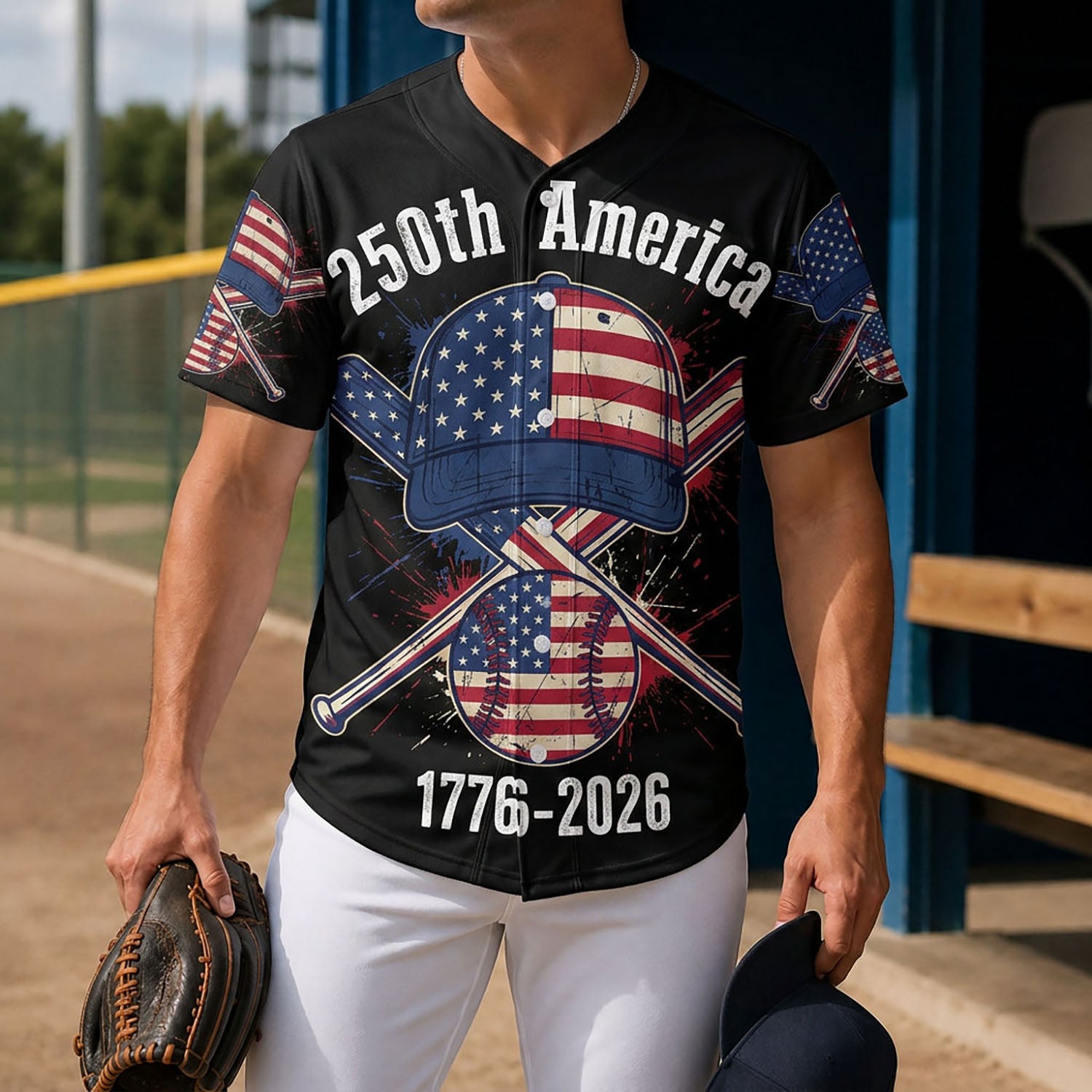 Model Holding A Baseball Glove Wearing The 250th Anniversary Cap America Jersey On A Baseball Field
