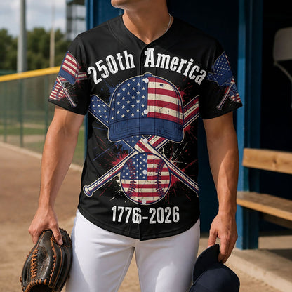 Model Holding A Baseball Glove Wearing The 250th Anniversary Cap America Jersey On A Baseball Field