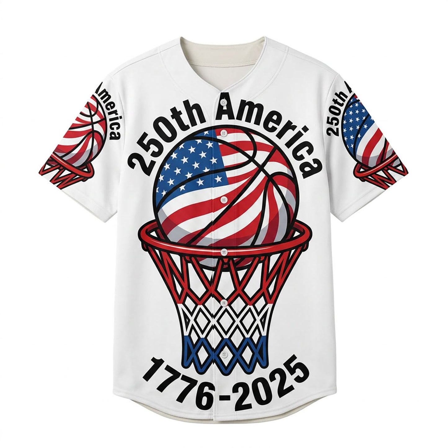 Isolated Front View Of The Patriotic 1776-2025 American 250th Anniversary Baseball Shirt