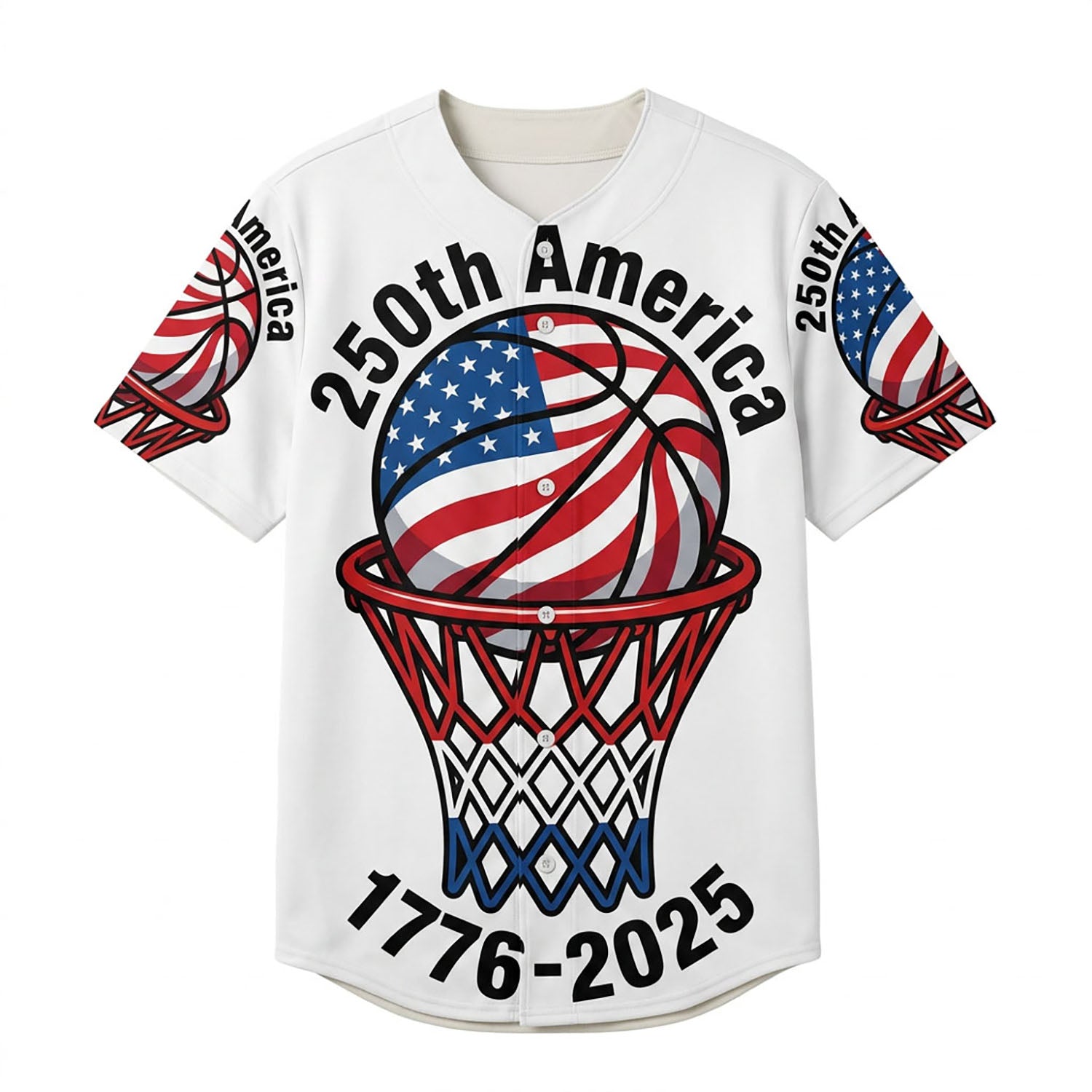 Isolated Front View Of The Patriotic 1776-2025 American 250th Anniversary Baseball Shirt