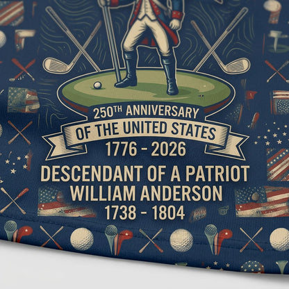 Close up detail of the golf polo showing the Continental Army soldier graphic, 1776-2026 text, and custom ancestor name.
