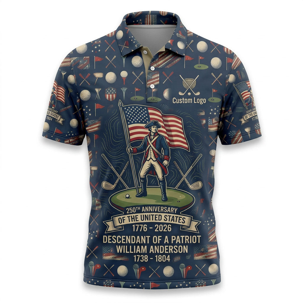 Flat lay photo of the navy blue custom USA 250th anniversary Revolutionary War patriot descendant golf polo shirt.