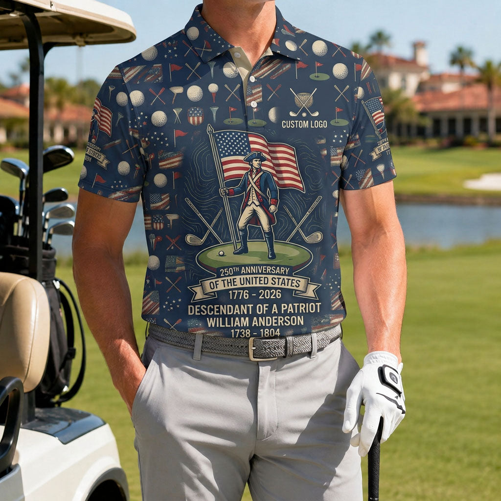 A male golfer wearing the custom Descendant of a Patriot 1776-2026 anniversary golf polo shirt next to a golf cart.
