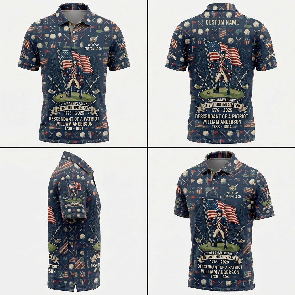 Four-angle product grid displaying the front, back, and side profiles of the personalized patriot descendant golf polo.