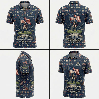 Four-angle product grid displaying the front, back, and side profiles of the personalized patriot descendant golf polo.