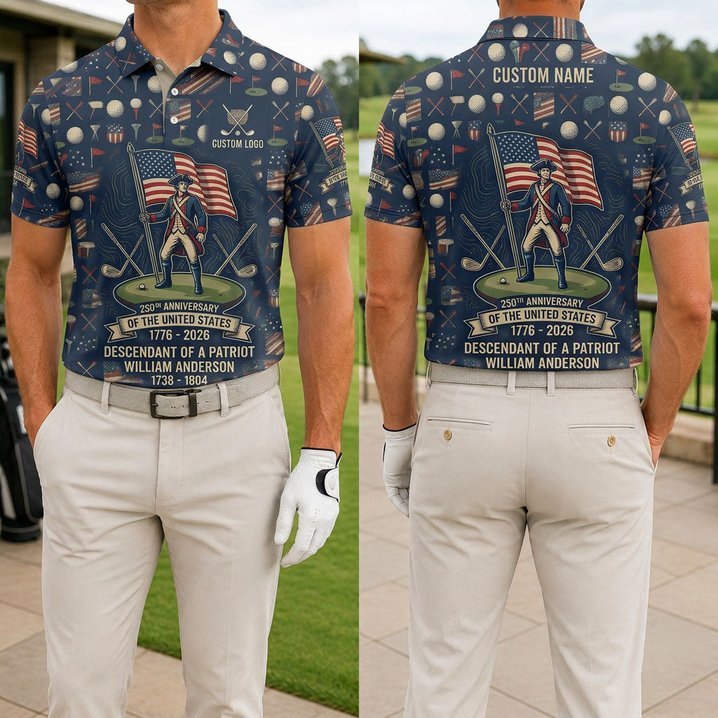 Front and back view of a man wearing the navy blue custom Descendant of a Patriot USA 250th anniversary golf polo.