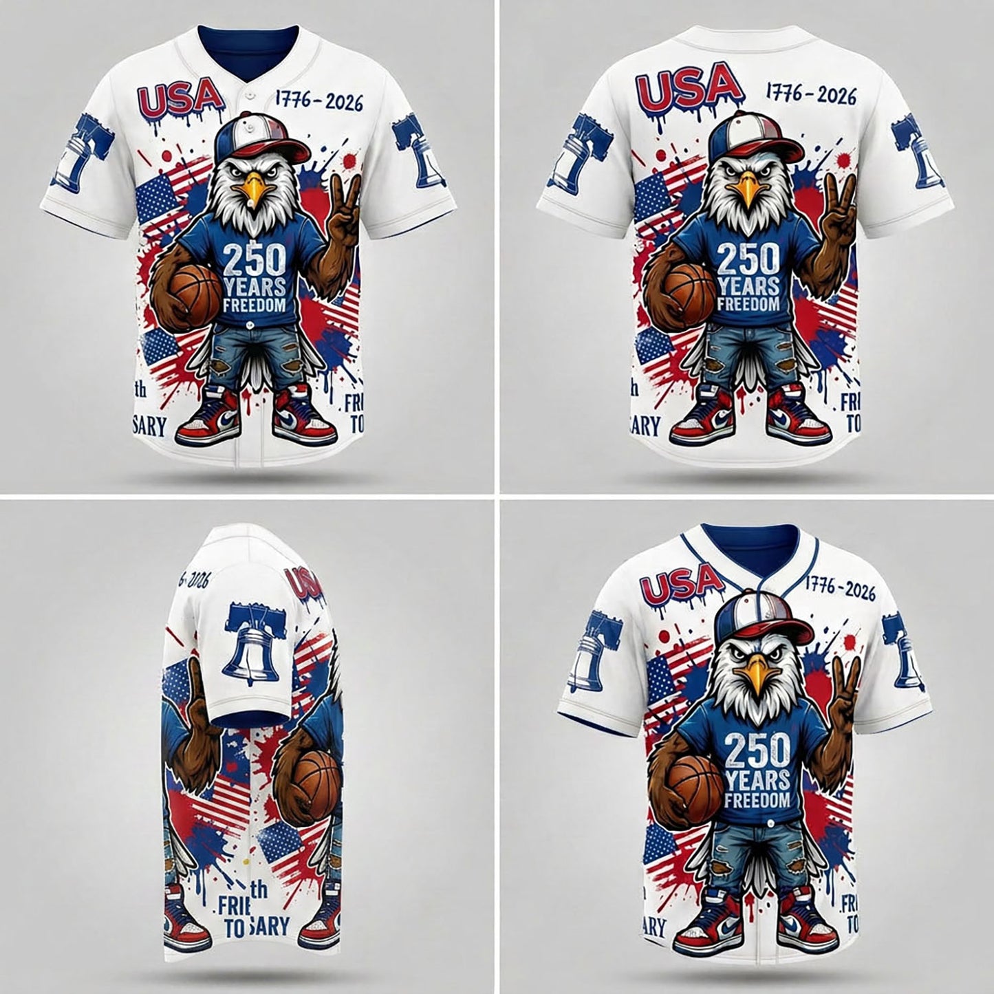 Collage Showing Front, Back, And Side Design Perspectives Of The Custom Eagle Basketball Baseball Jersey