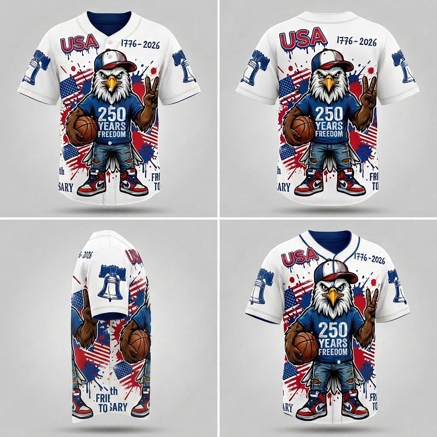 Collage Showing Front, Back, And Side Design Perspectives Of The Custom Eagle Basketball Baseball Jersey