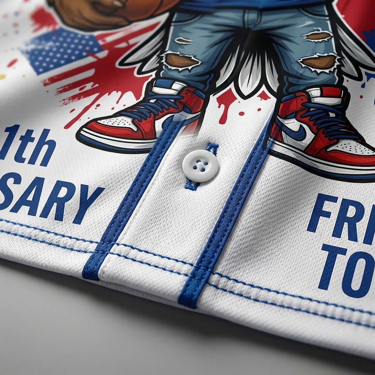 Close-Up Detail Of High-Quality Stitching And Buttons On The 250th Anniversary Eagle Baseball Jersey