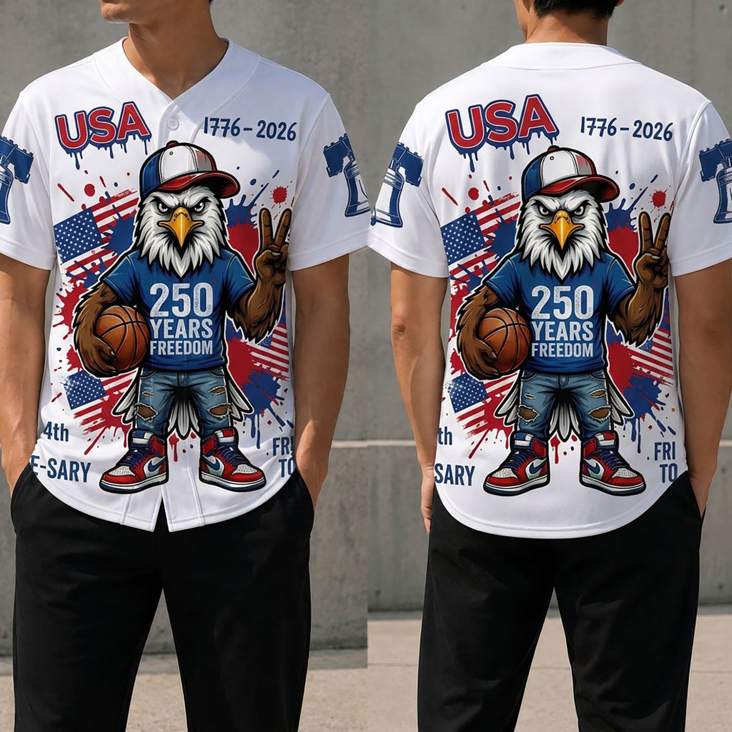 Front And Back View Of The USA 250th Anniversary Eagle Baseball Jersey With Patriotic Basketball Graphic