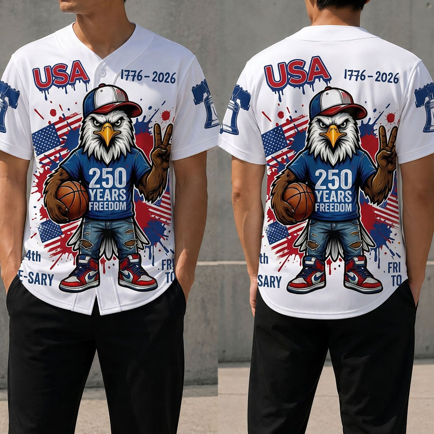 Front And Back View Of The USA 250th Anniversary Eagle Baseball Jersey With Patriotic Basketball Graphic