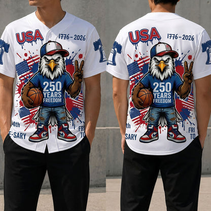 Front And Back View Of The USA 250th Anniversary Eagle Baseball Jersey With Patriotic Basketball Graphic