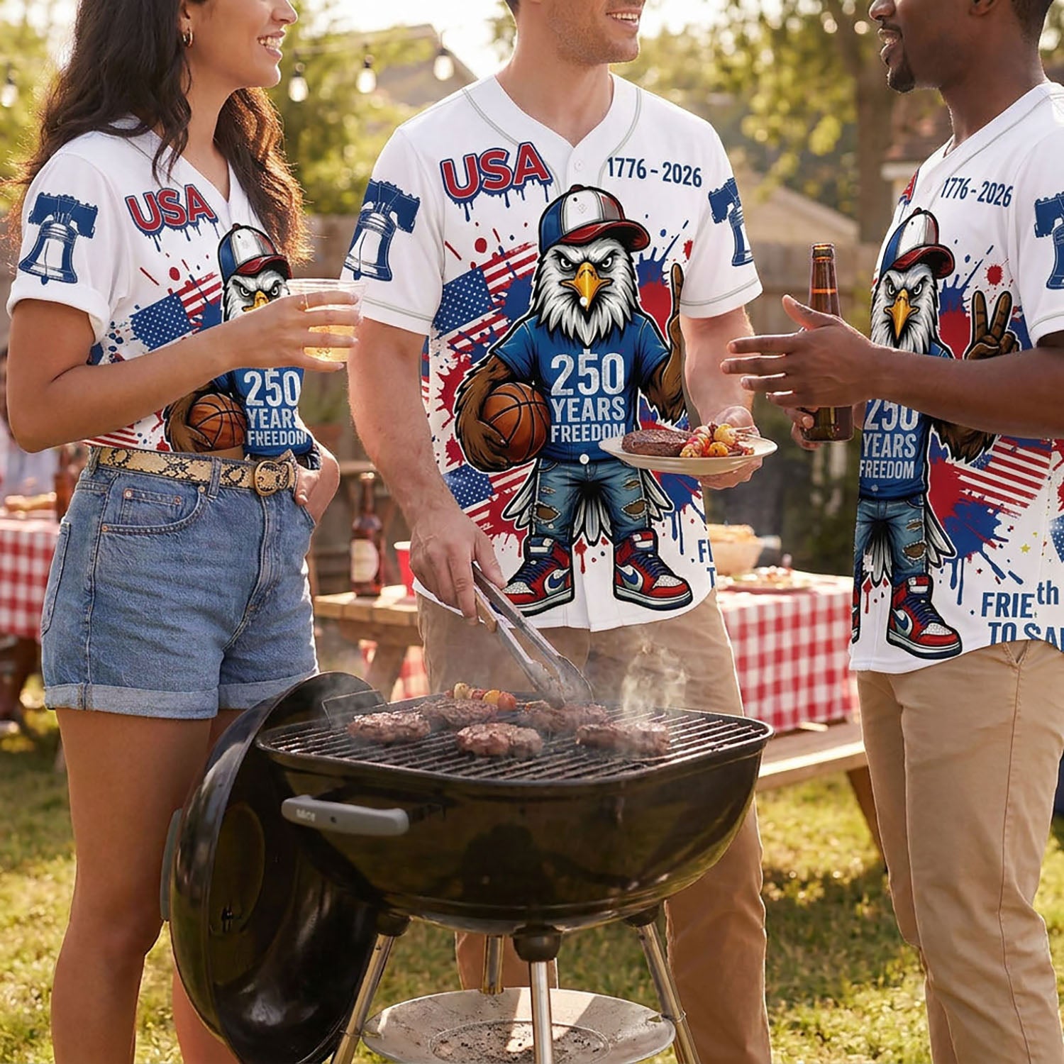 People Wearing USA 250th Anniversary Eagle Baseball Jerseys At A Festive Outdoor Summer Barbecue