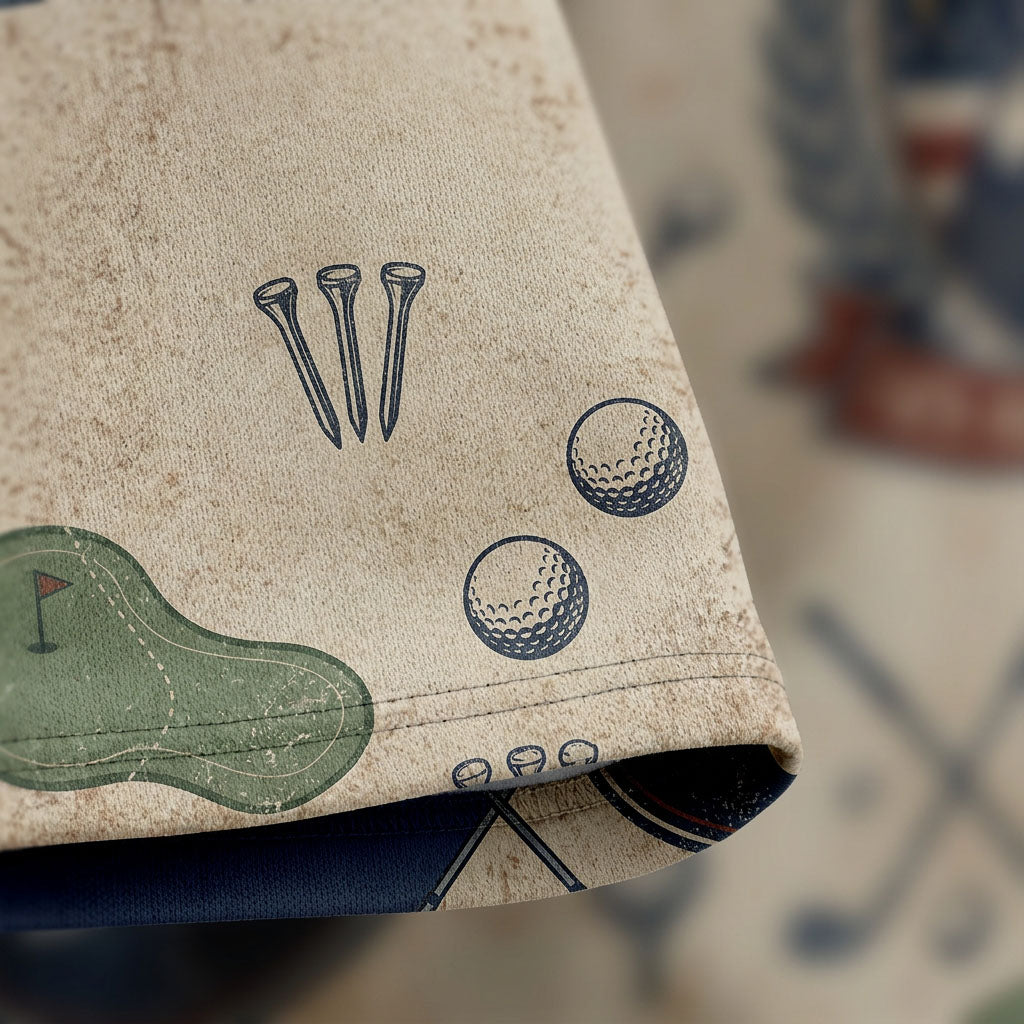 Close up detail of the golf polo displaying the high-definition golf balls.