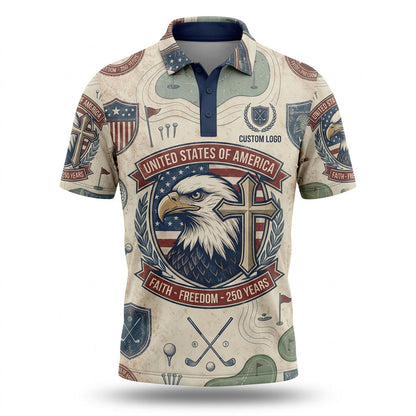 Flat lay photo of the custom premium vintage cream USA 250 anniversary eagle cross activewear polo shirt.