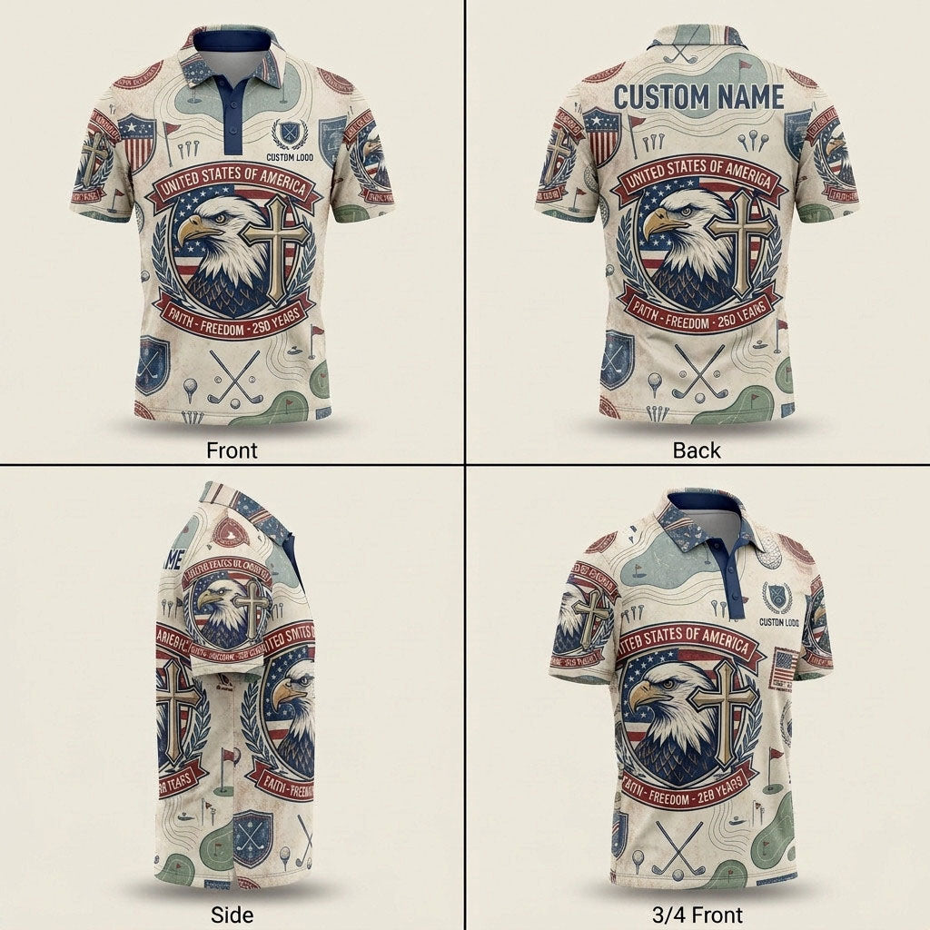 Four-angle product showcase grid displaying the patriotic faith artwork and tailored athletic fit of the custom polo.