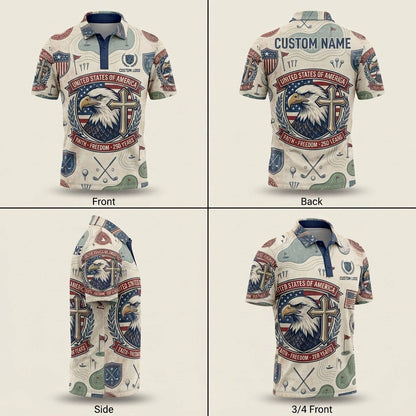 Four-angle product showcase grid displaying the patriotic faith artwork and tailored athletic fit of the custom polo.